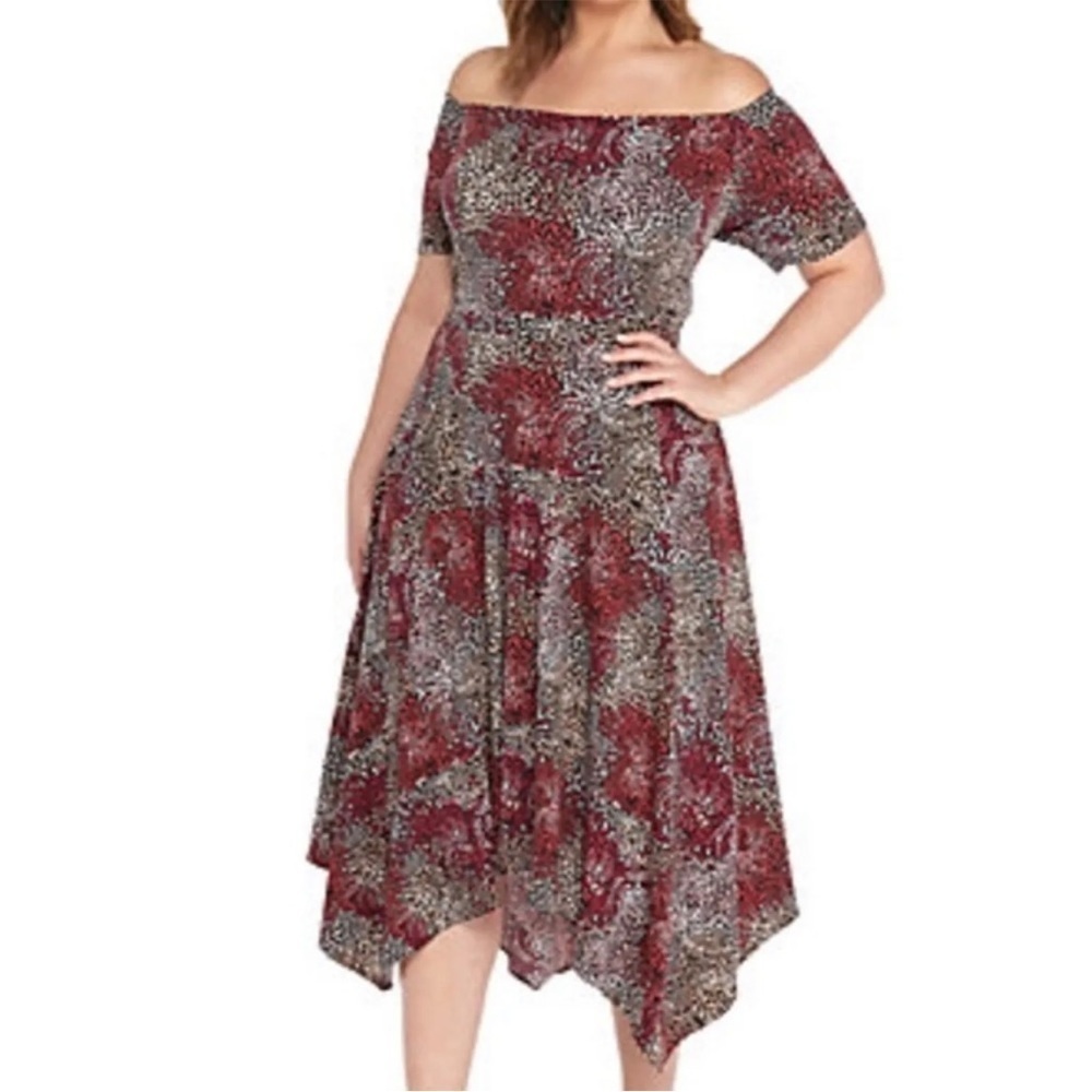 The Limited Off Shoulder Handkerchief Hem Midi Dress L Mauve White Black Print